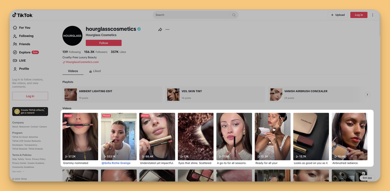 İşte bir B2C lead generation (potansiyel müşteri yaratma) örneği: Hourglass Cosmetics influencer iş birliklerini etkili bir şekilde kullanıyor.
