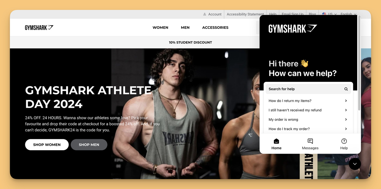 Gymshark'tan AI Sohbet Botu ile B2C müşteri oluşturma örneği.