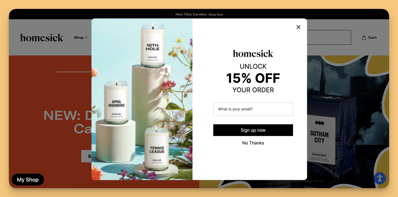 Hedeflenmiş potansiyel müşteri yakalama pop-up’ı ile Homesick’ten örnek.