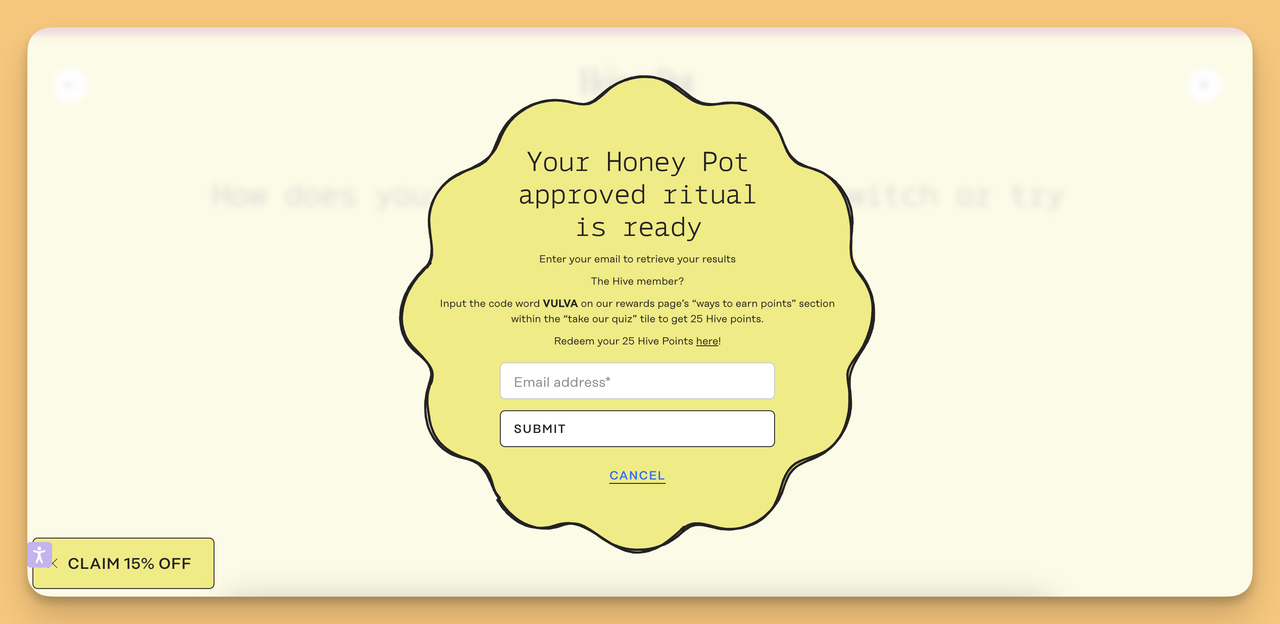 The Honey Pot'un etkileşimli içerik kullanarak gerçekleştirdiği B2C müşteri kazanma stratejisinin form ile örneği.