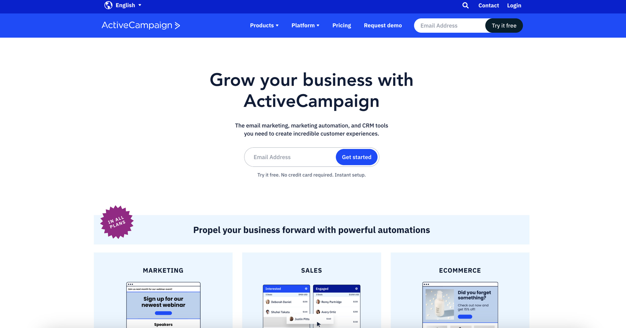 A screenshot of the landing page of Active Campaign, email marketing automation software
