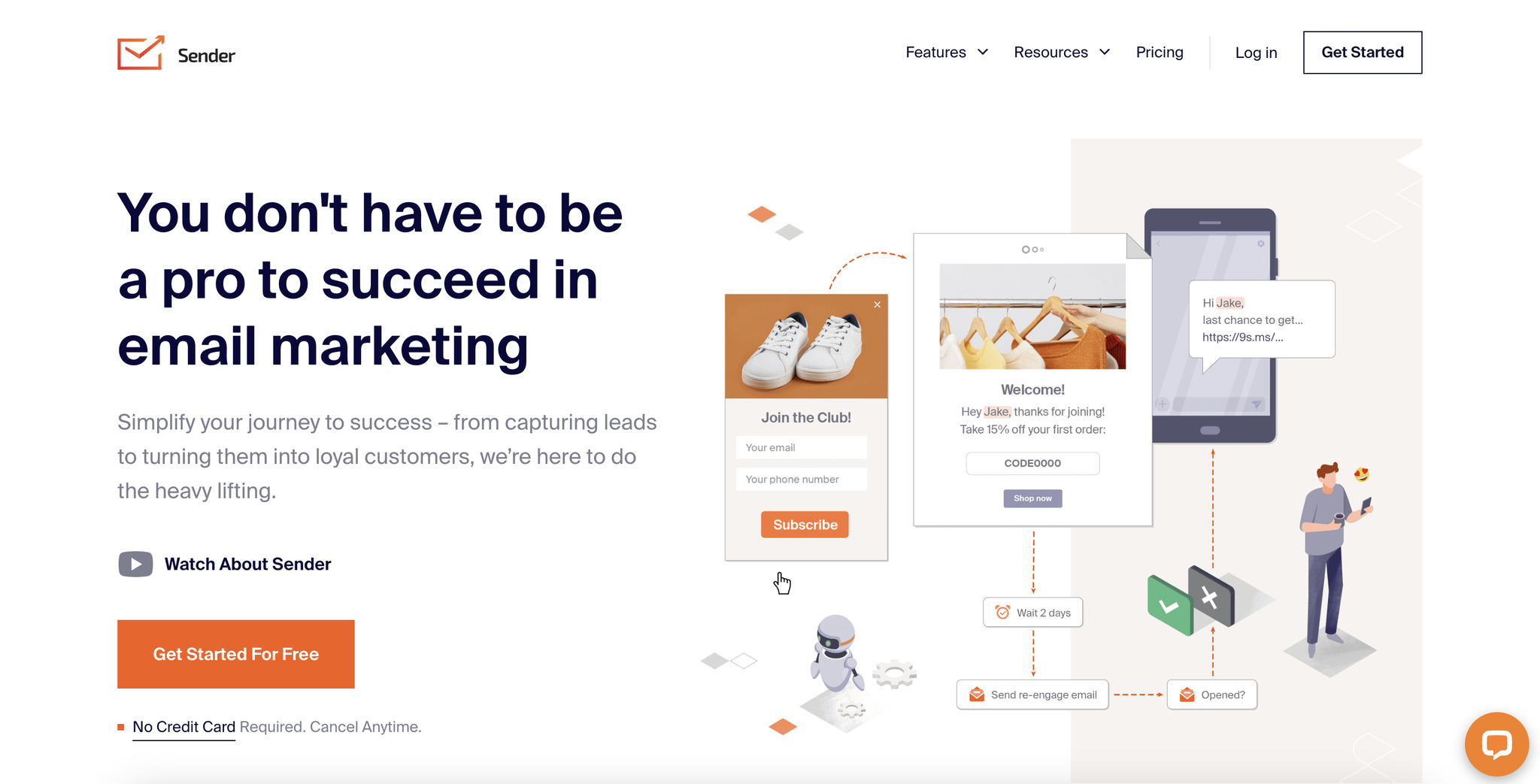 A screenshot of the landing page of Sender, email marketing automation software