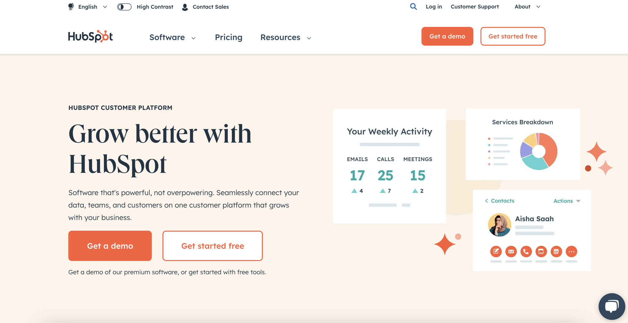 A screenshot of the landing page of HubSpot, email marketing automation software