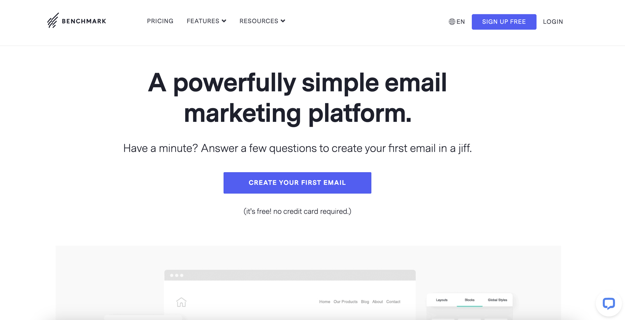 A screenshot of the landing page of Benchmark Email, email marketing automation software