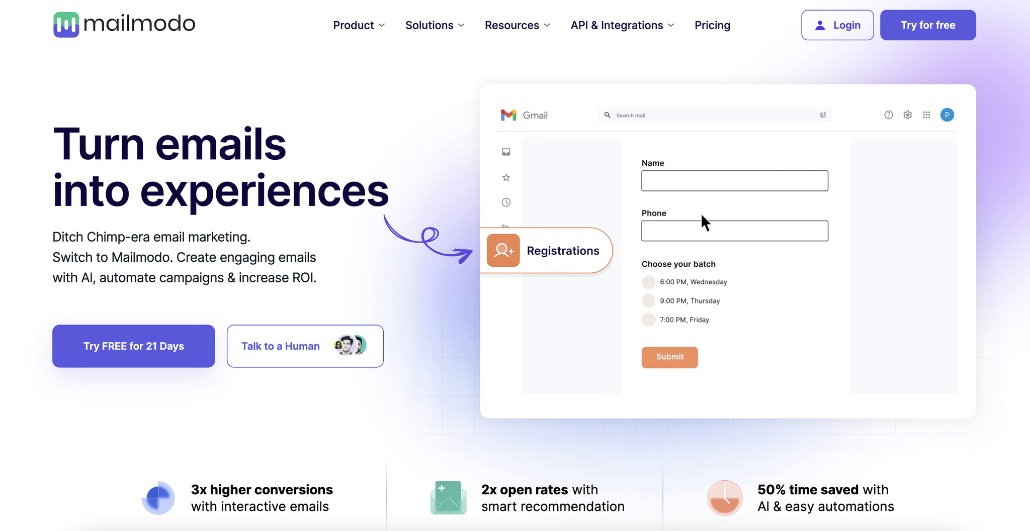 A screenshot of the landing page of Mailmodo, email marketing automation software