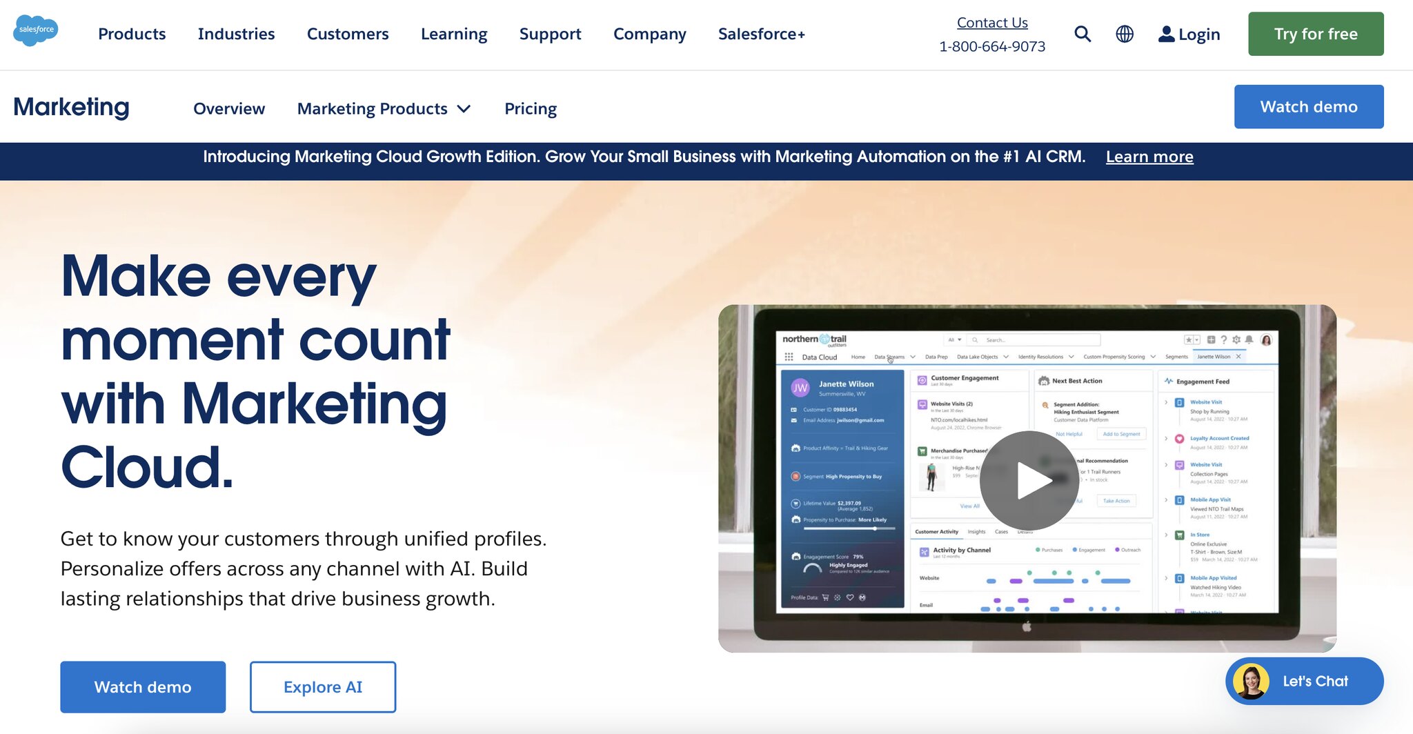 A screenshot of the landing page of Salesforce Marketing Cloud, email marketing automation software