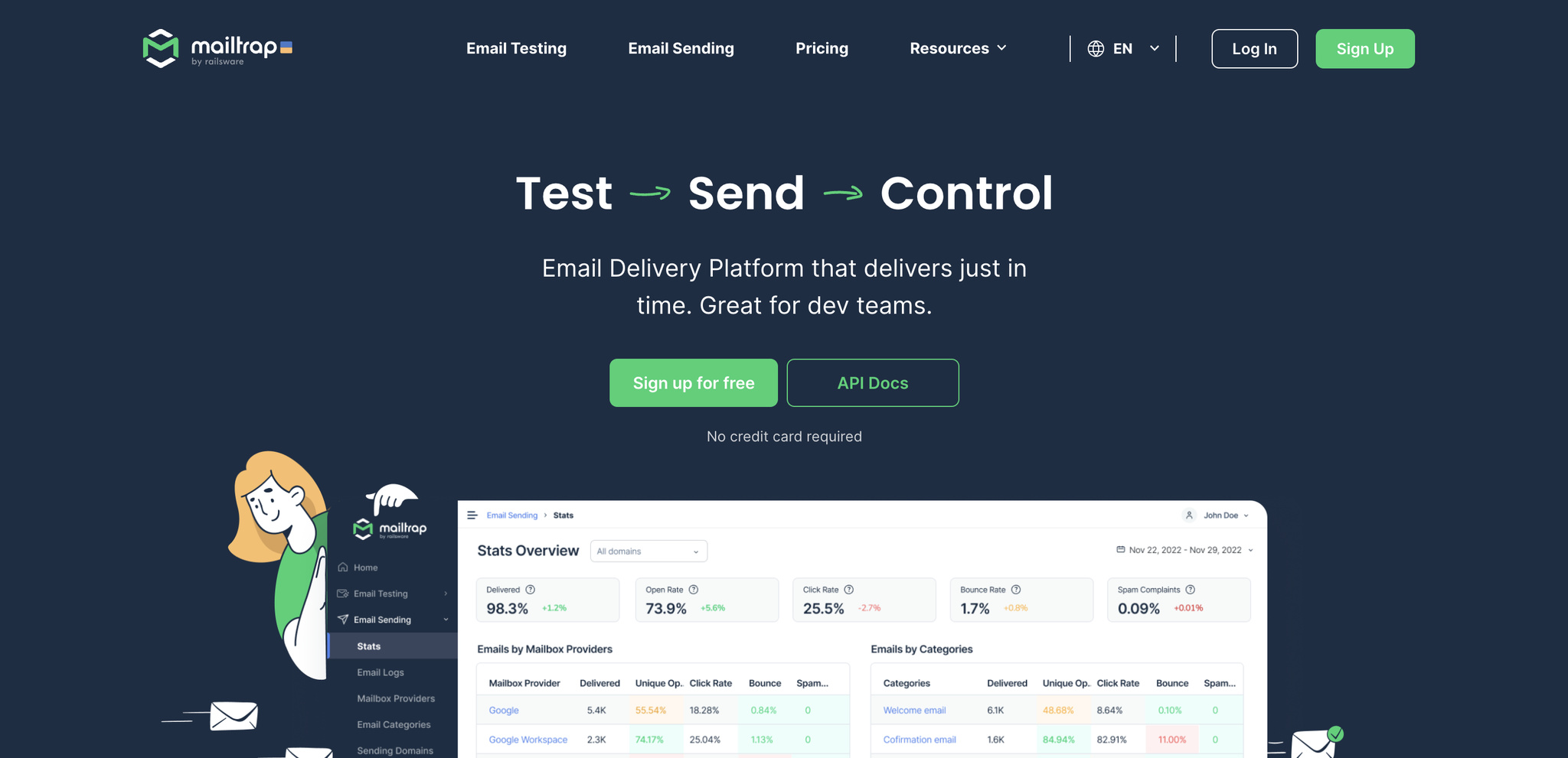 A screenshot of the landing page of Mailtrap, email marketing automation software