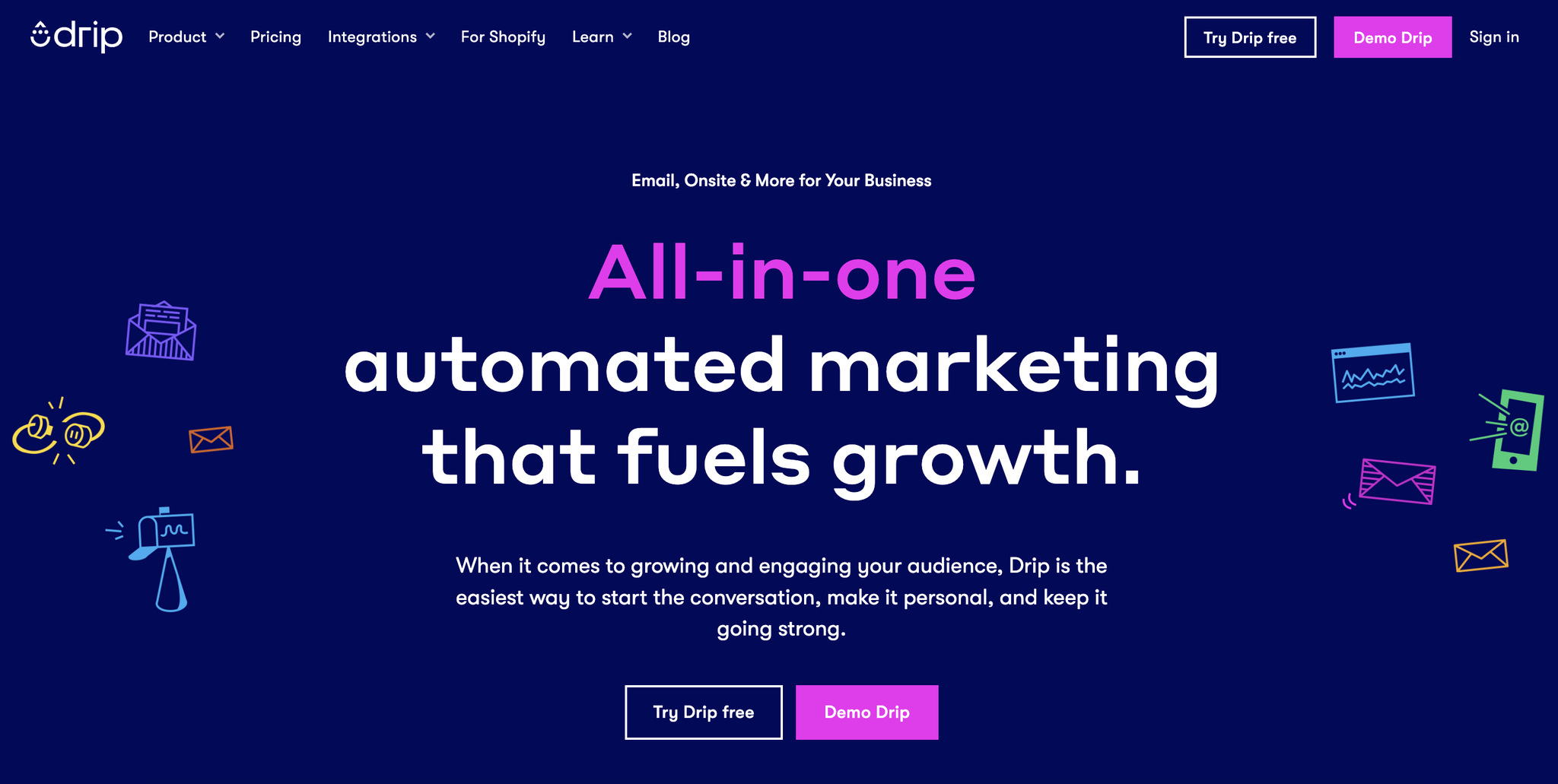 A screenshot of the landing page of Drip, email marketing automation software