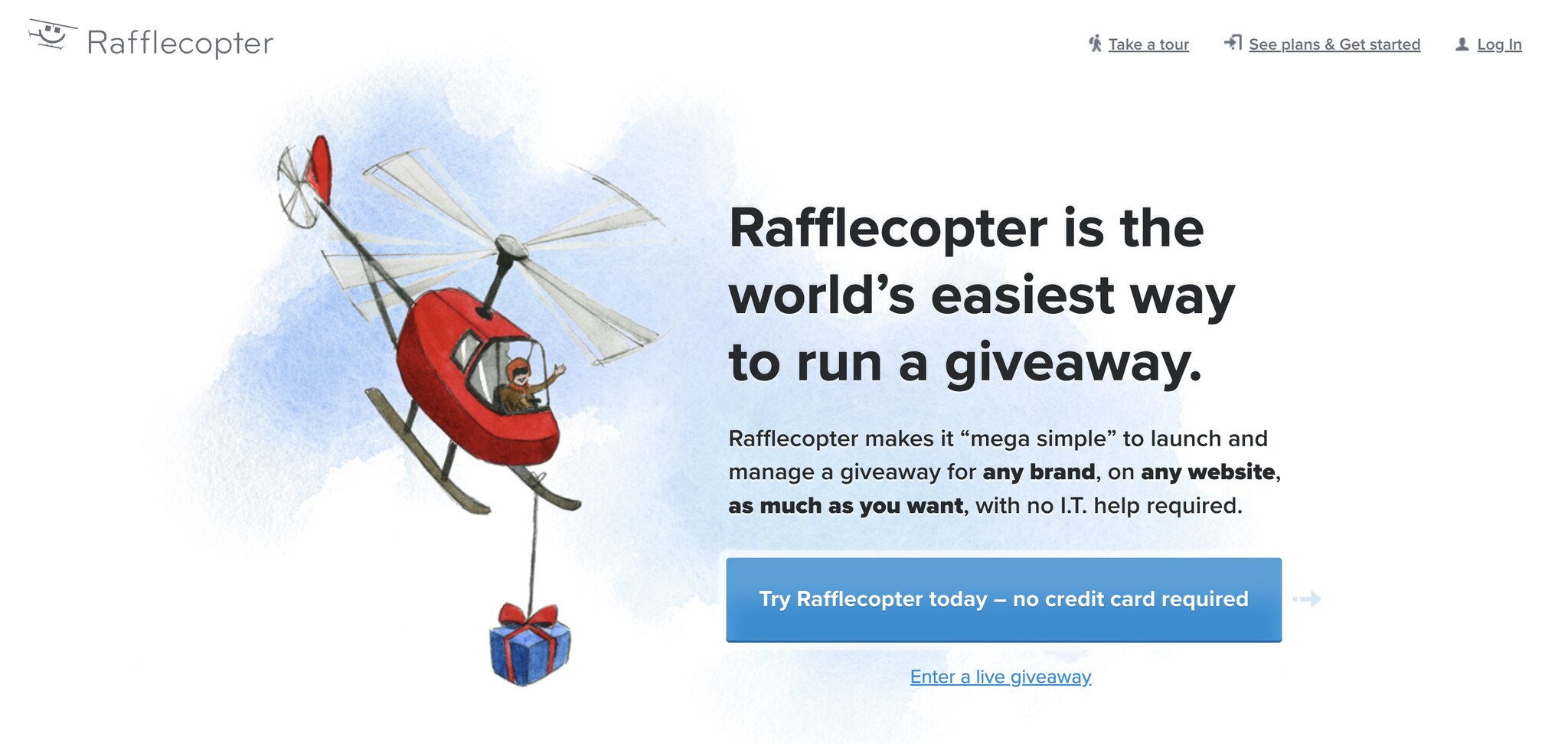 A screenshot of the landing page of Rafflecopter, email marketing automation software