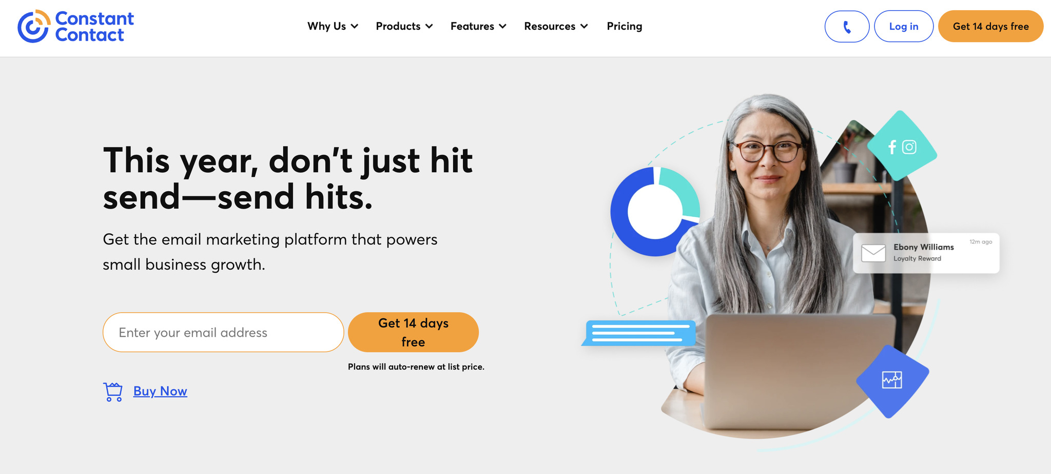A screenshot of the landing page of Constant Contact, email marketing automation software