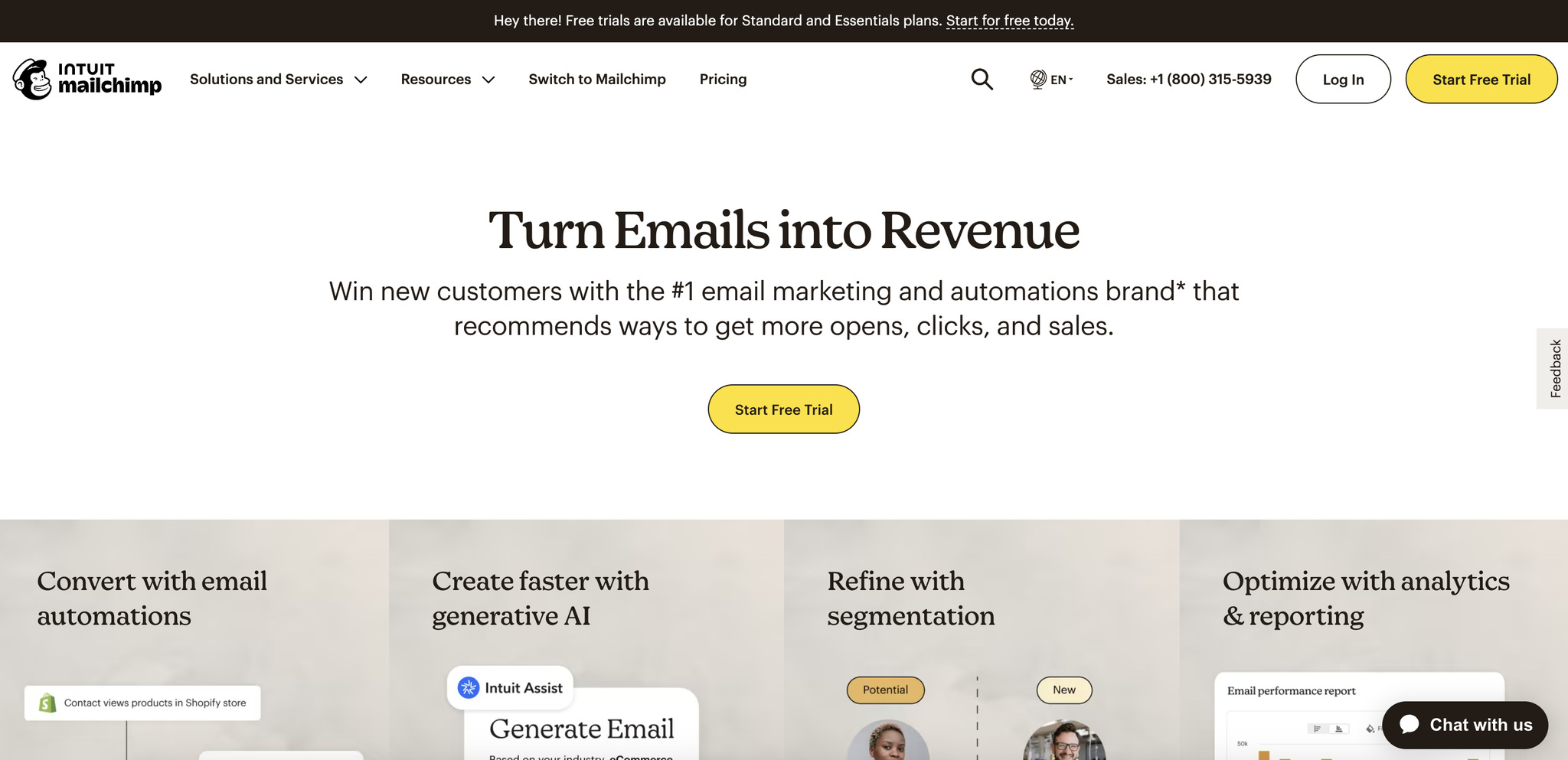 A screenshot of the landing page of MailChimp, email marketing automation software