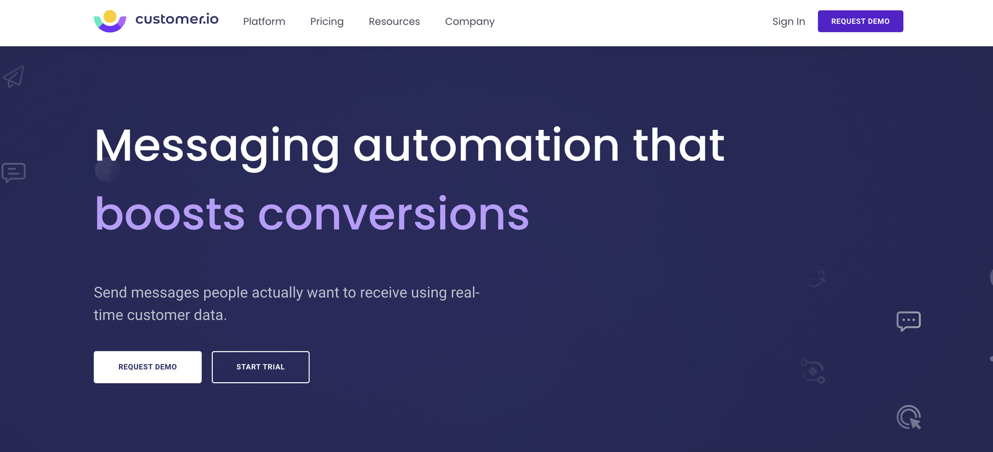 A screenshot of the landing page of Customer.io, email marketing automation software