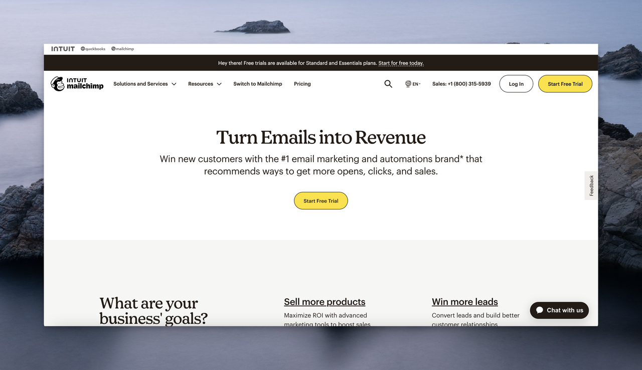 the homepage of Mailchimp