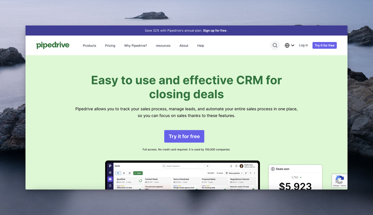 the homepage of Pipedrive