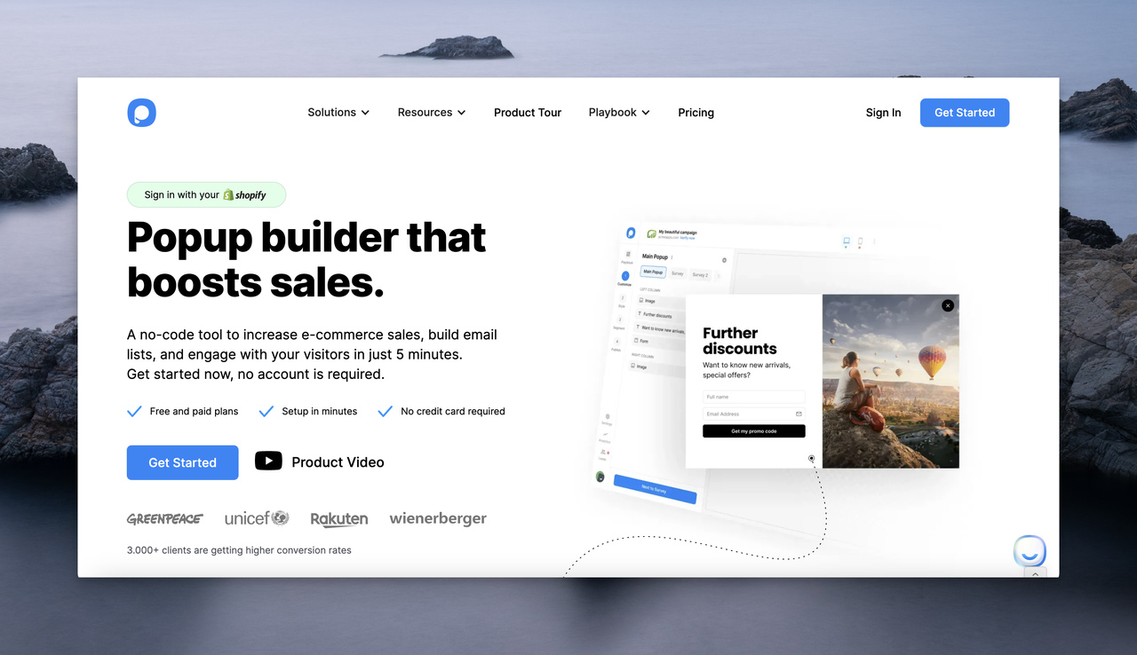 the homepage of Popupsmart