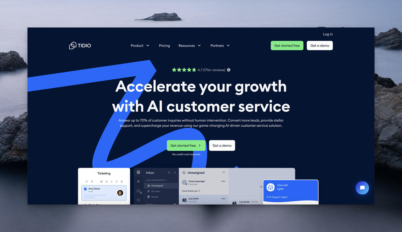 the homepage of Tidio Chatbot