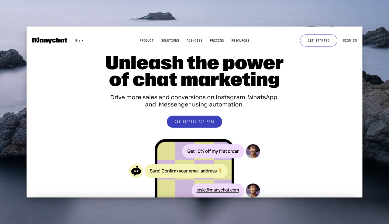 the homepage of Manychat