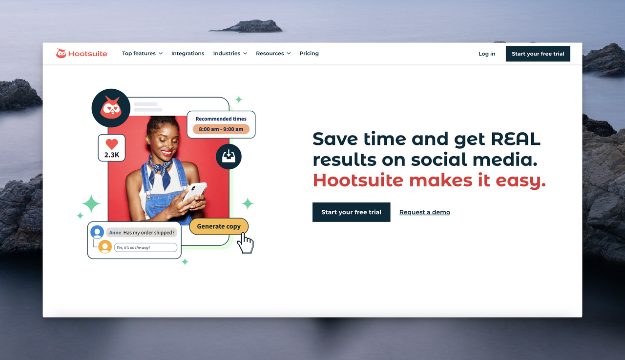 the homepage of HootSuite