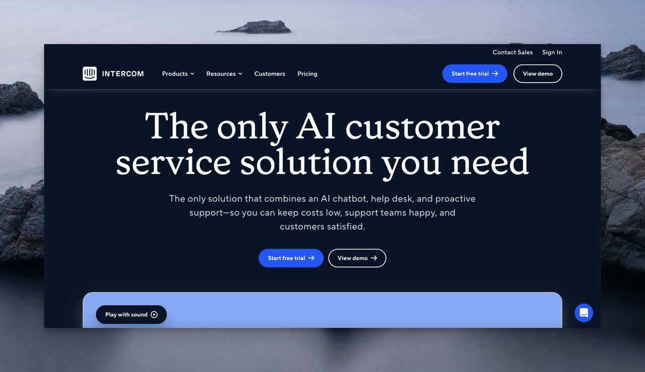 the homepage of Intercom