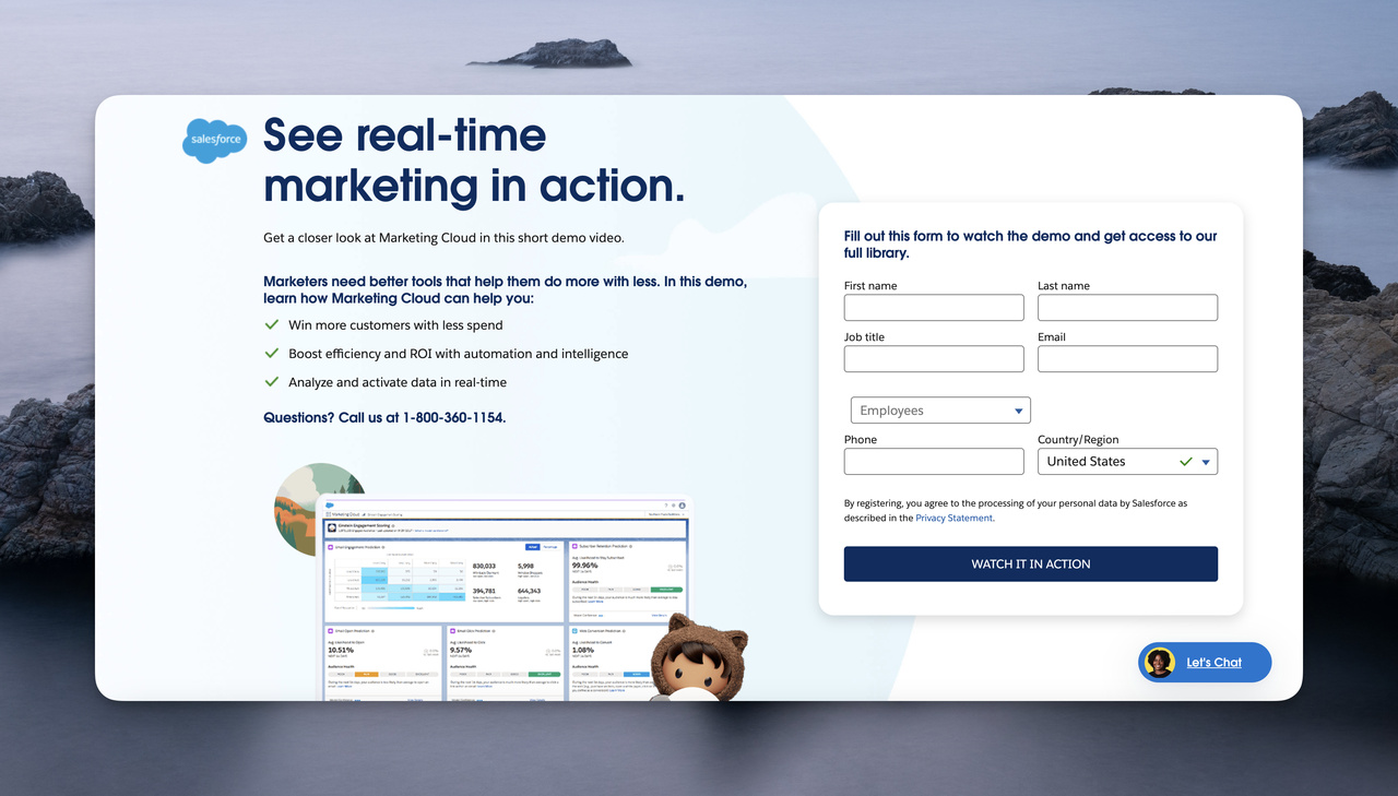 the Salesforce Marketing Cloud page with a filling form