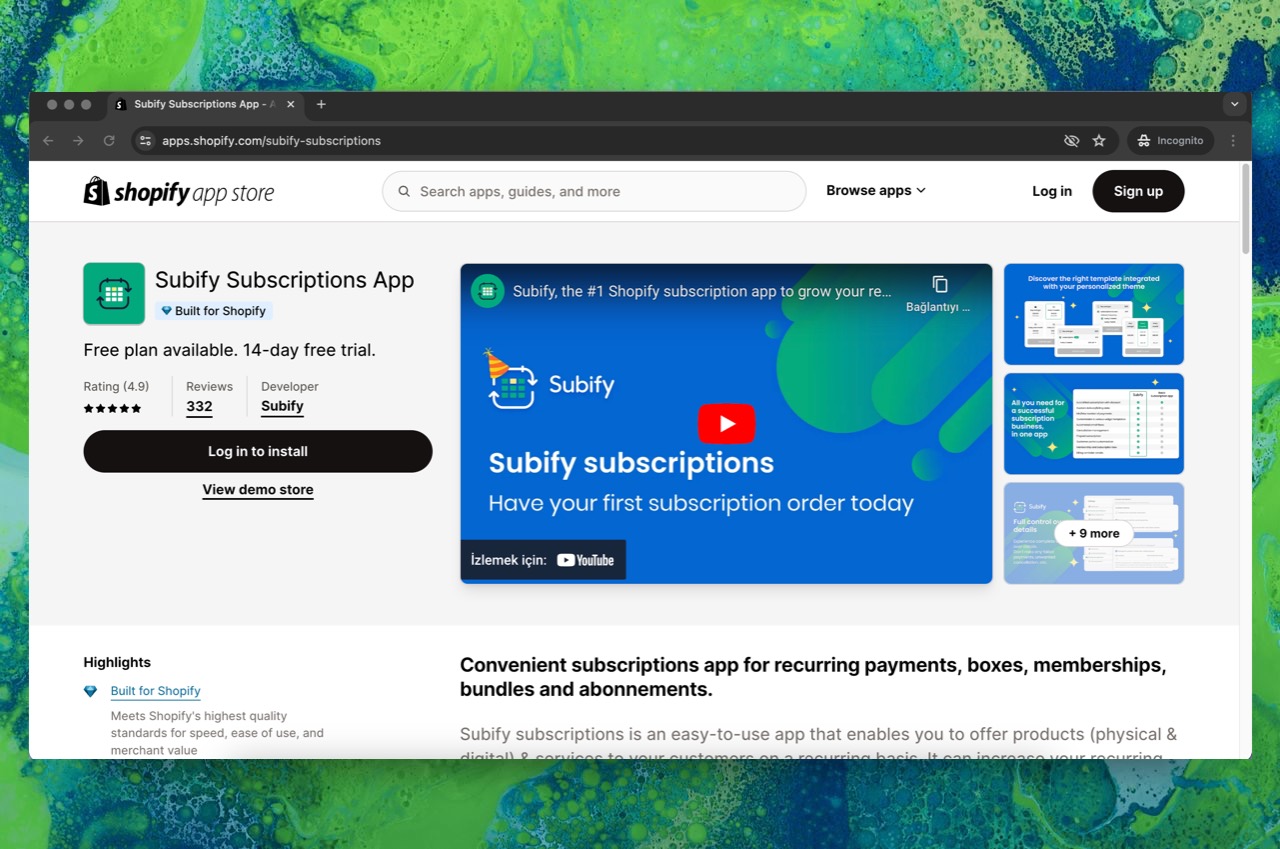 Shopify uygulama mağazasında Subify Abonelik Uygulaması sayfası