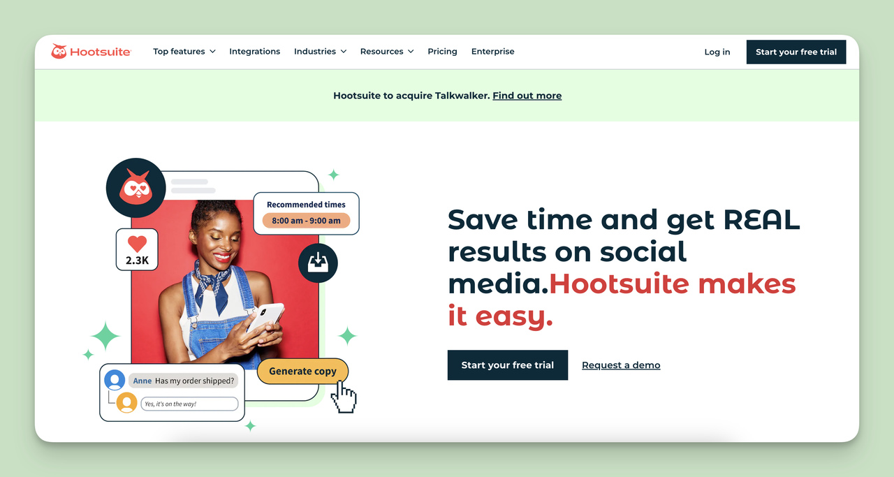Hootsuite home page view, one of the Competitor Monitoring Tools.