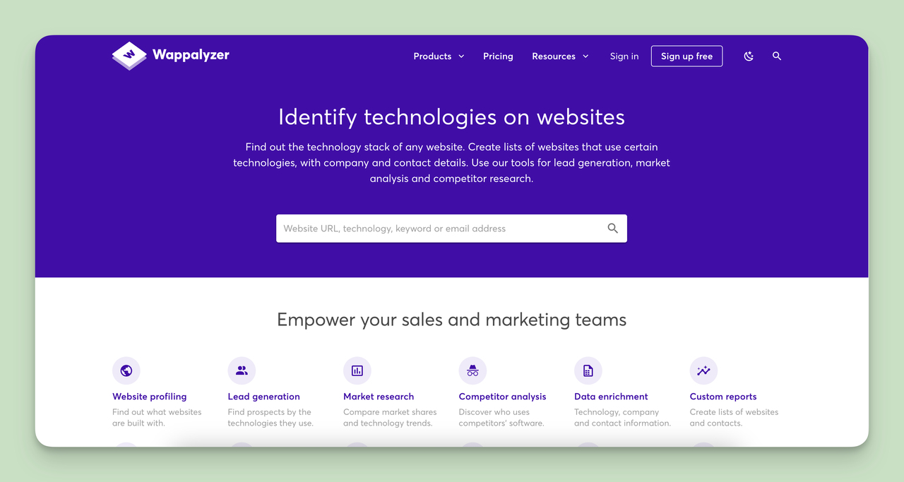 A screenshot of the Wappalyzer homepage, one of the Competitor Monitoring Tools.