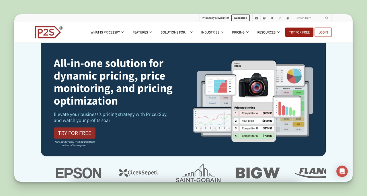 A screenshot of the Price2Spy homepage, one of the Competitor Tracking Tools.