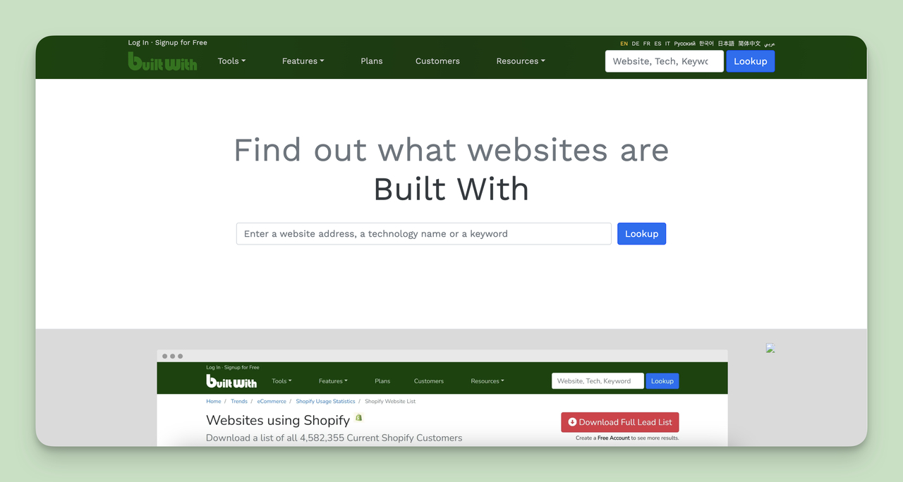 A screenshot of the BuiltWith homepage, one of the Competitor Tracking Tools.