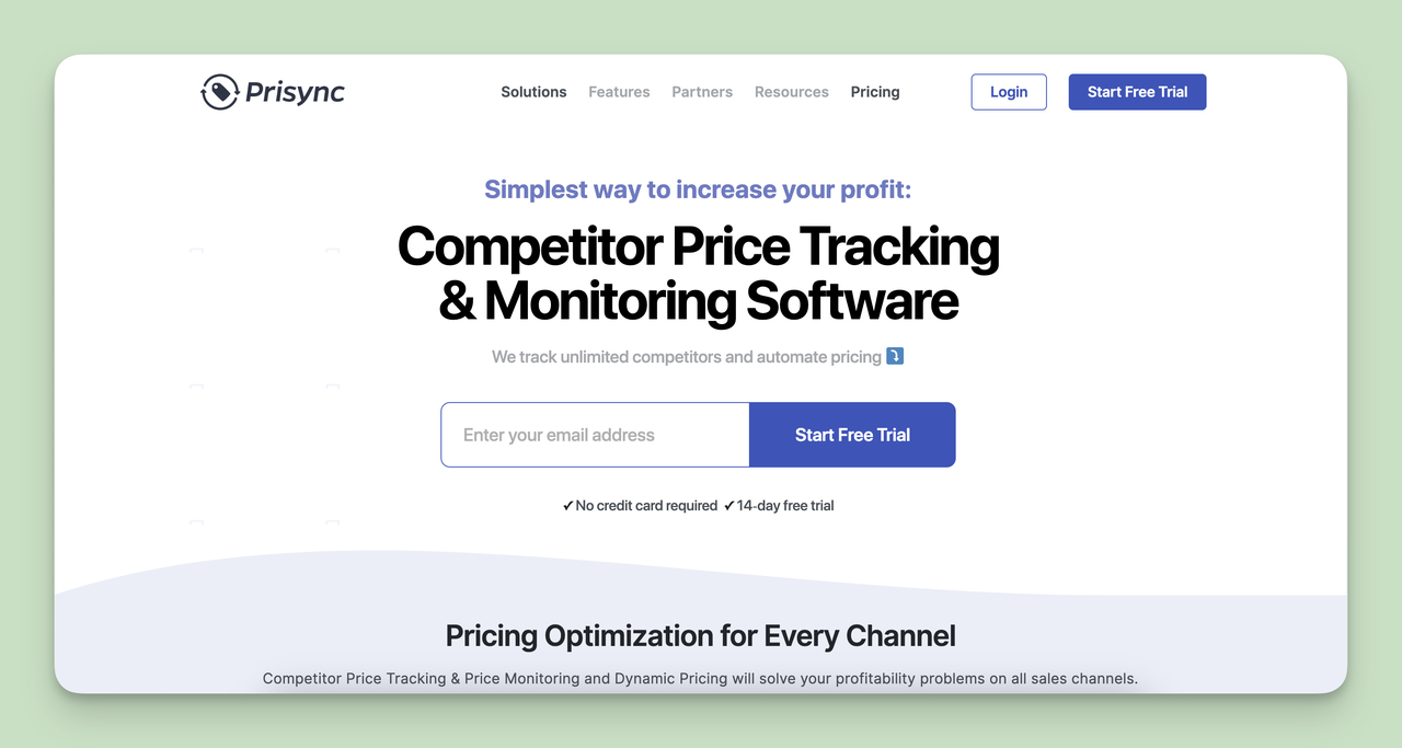 A screenshot of the Prisync homepage, one of the Competitor Monitoring Tools.