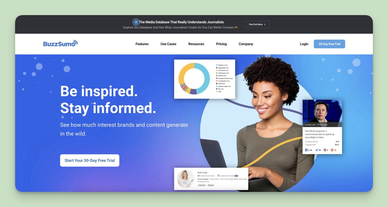 A screenshot of the BuzzSumo homepage, one of the Competitor Monitoring Tools.