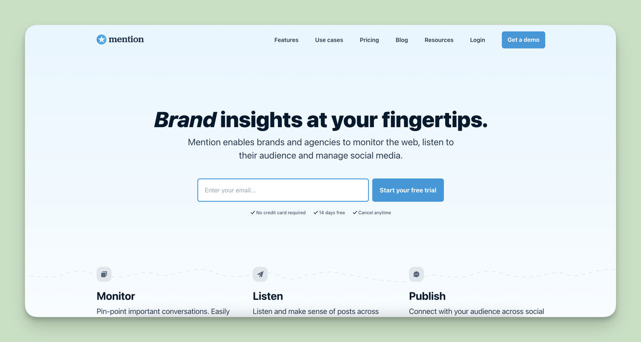 A screenshot of the Mention homepage, one of the Competitive Monitoring Tools.