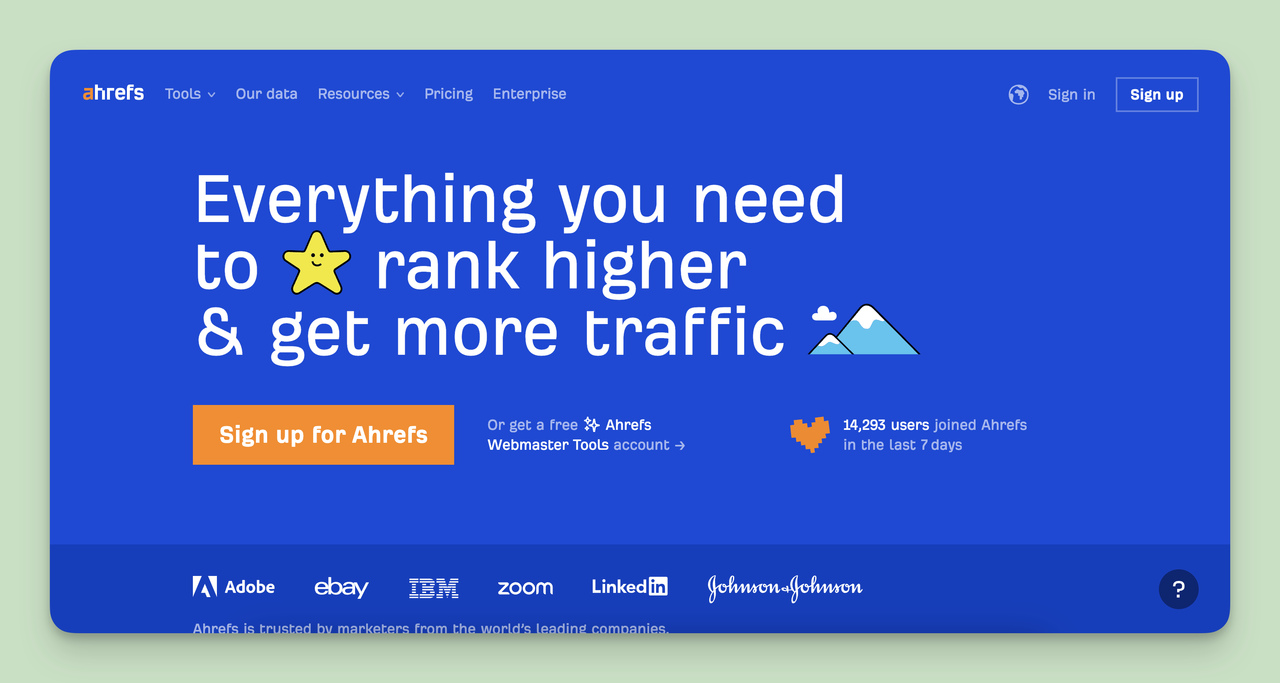 A screenshot of the Ahrefs homepage, one of the Competitor Tracking Tools.