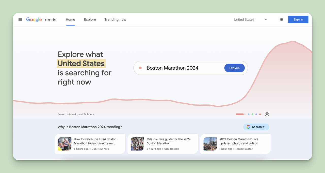 A screenshot of the Google Trends homepage, one of the Competitor Tracking Tools.