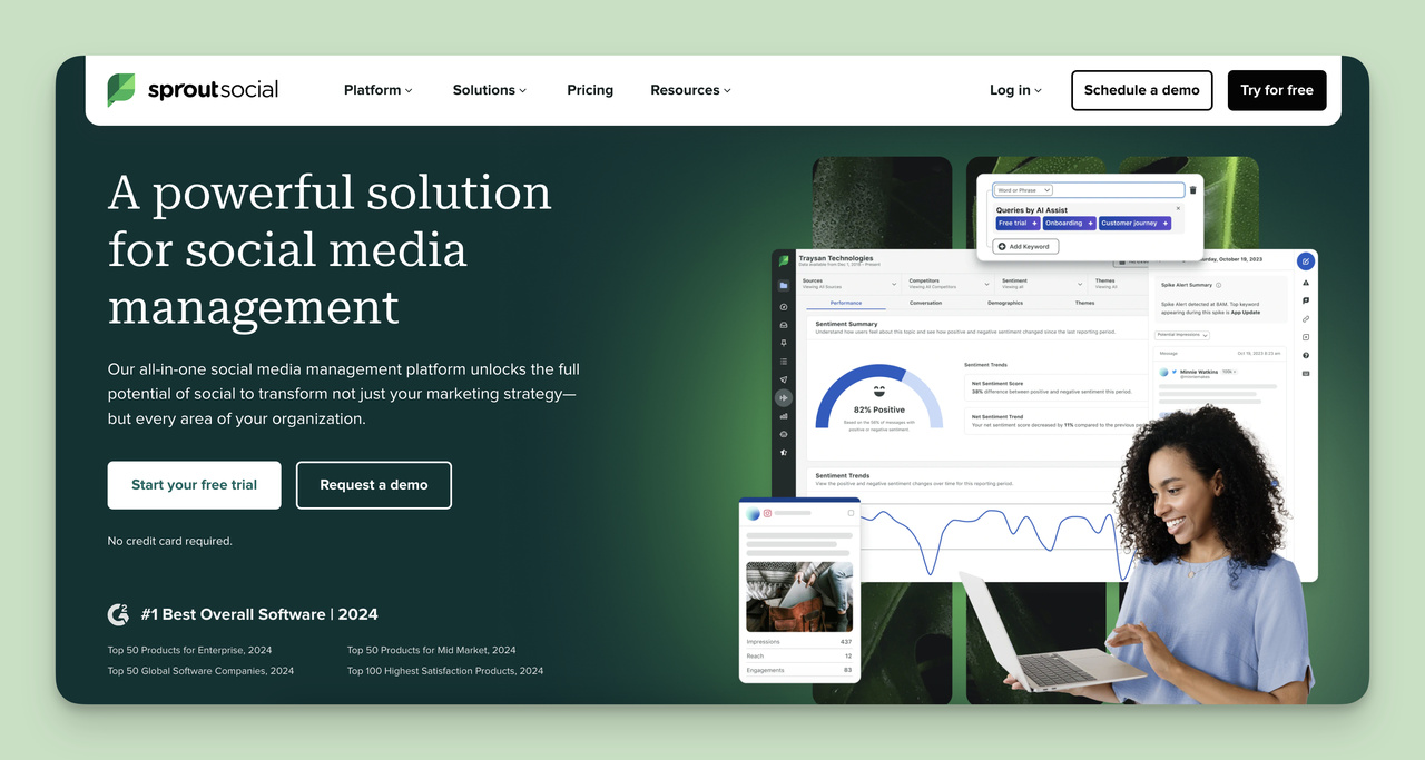 A screenshot of the Sprout Social homepage, one of the Competitive Monitoring Tools.