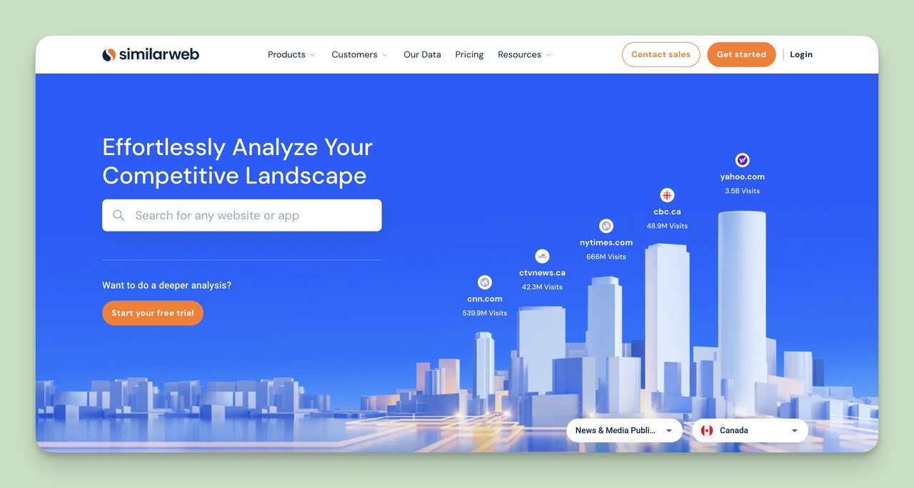 A screenshot of the SimilarWeb homepage, one of the Competitor Monitoring Tools.