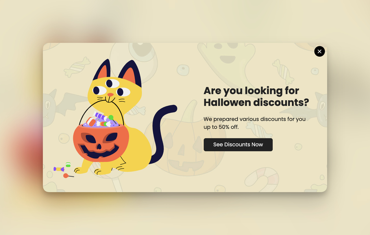 Kendi kullanımınıza kopyalayabileceğiniz Popupsmart sezonluk indirim pop-up örneği