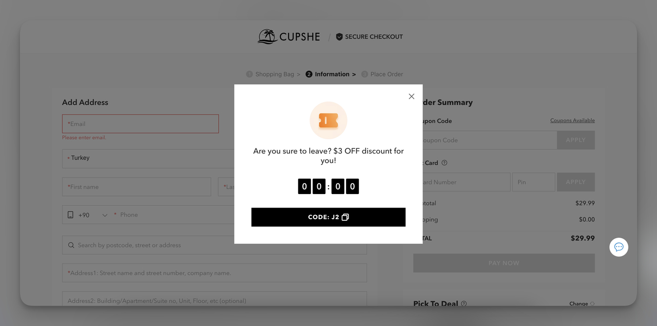 Cupshe çıkış niyetli indirim pop-up örneği