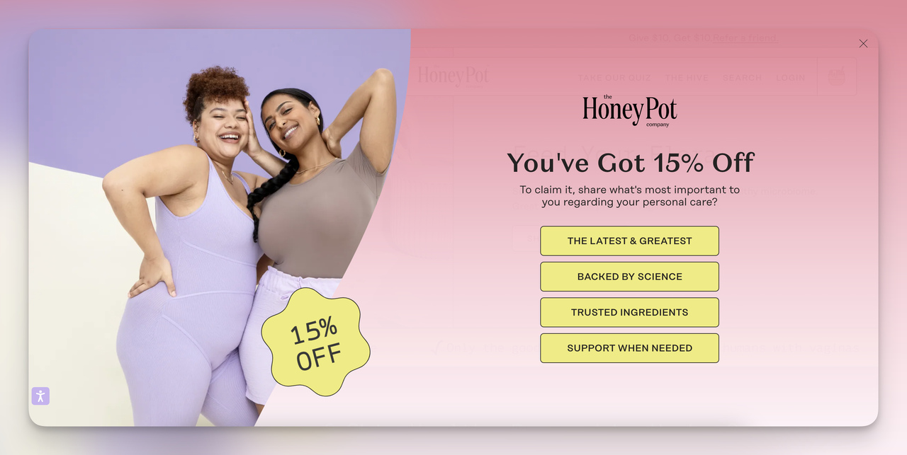 Honey Pot anket indirim açılır pencere örneği