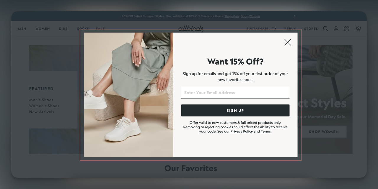 Allbirds ilk ziyaretçi indirim popup örneği
