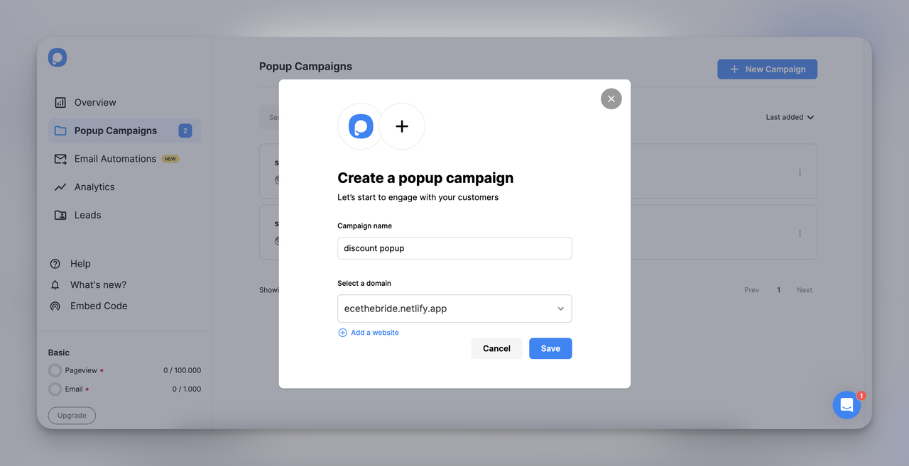 Popupsmart ile sitenizi bağlayarak pop-up oluşturma adımı.