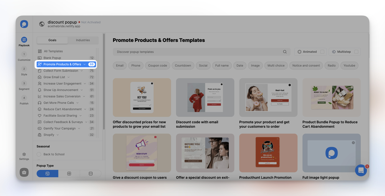 Popupsmart'ta şablon seçim adımıyla pop-up oluşturma.