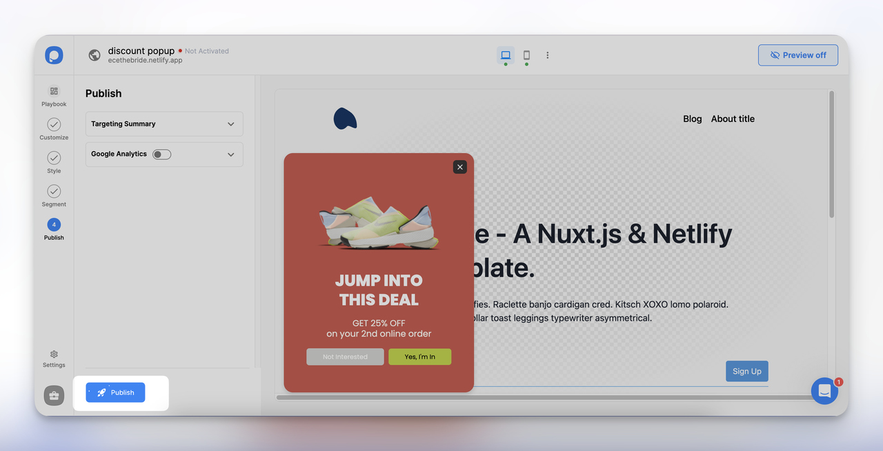 Popupsmart kontrol panelinde pop-up'ınızı yayınlama adımı