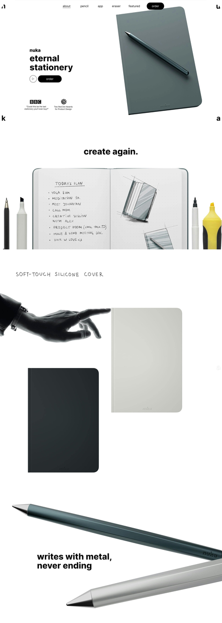 Nuka reusable notebook landing page with video and order CTAs