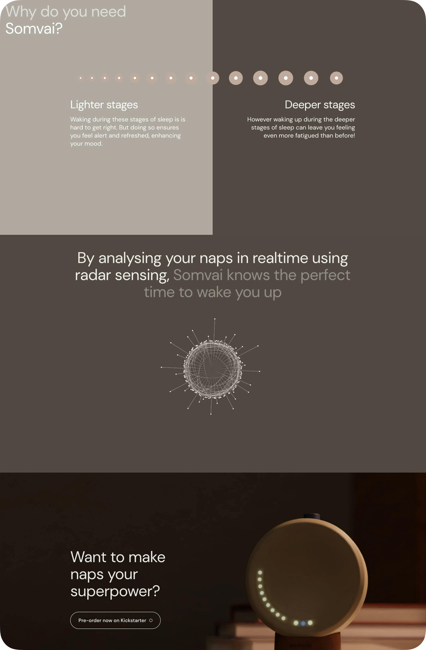 Somvai smart alarm landing page with radar sensing technology and pre-order CTA