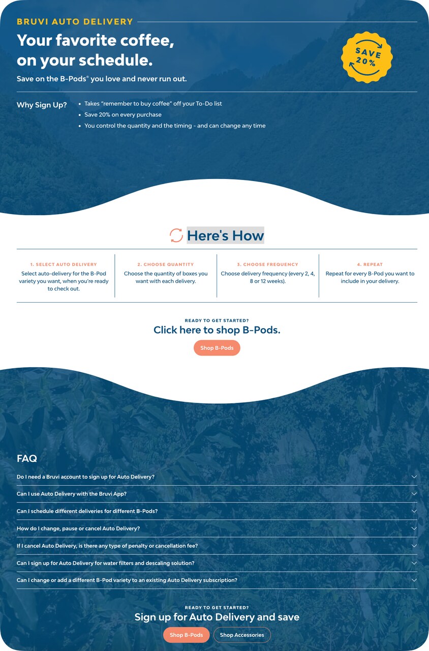 Bruvi B-Pods subscription landing page with step-by-step process and FAQ