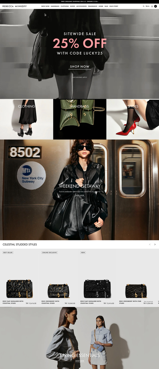 Rebecca Minkoff sitewide sale landing page with category sections and discount code