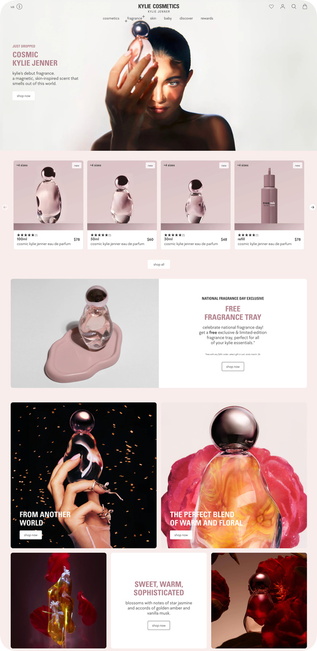 Kylie Cosmetics Cosmic collection launch page with fragrance sizes and free tray offer