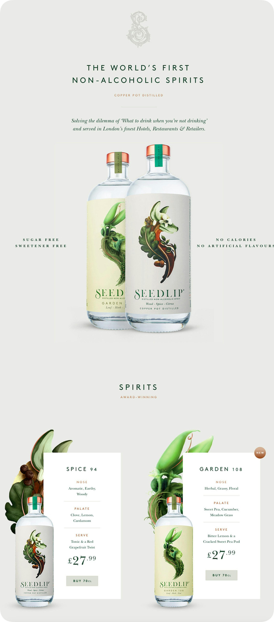 Seedlip non-alcoholic spirits bottles with sugar-free and calorie-free callouts