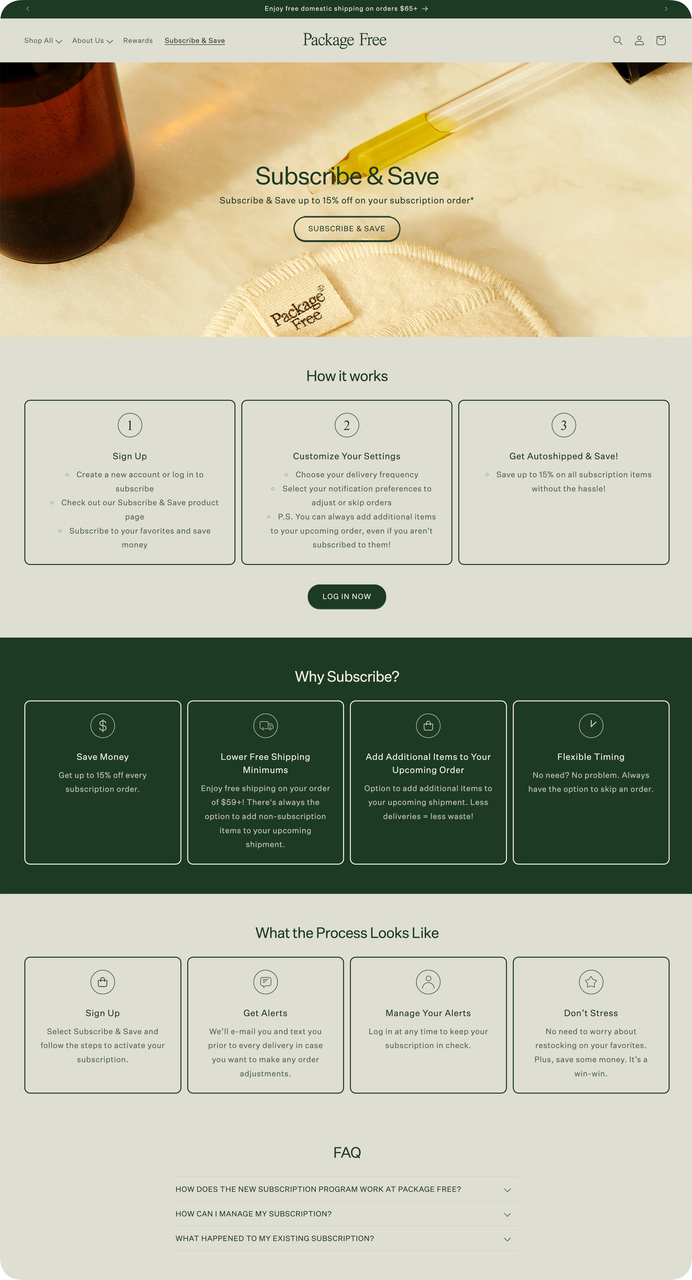 Package Free subscribe and save landing page with process steps and FAQ